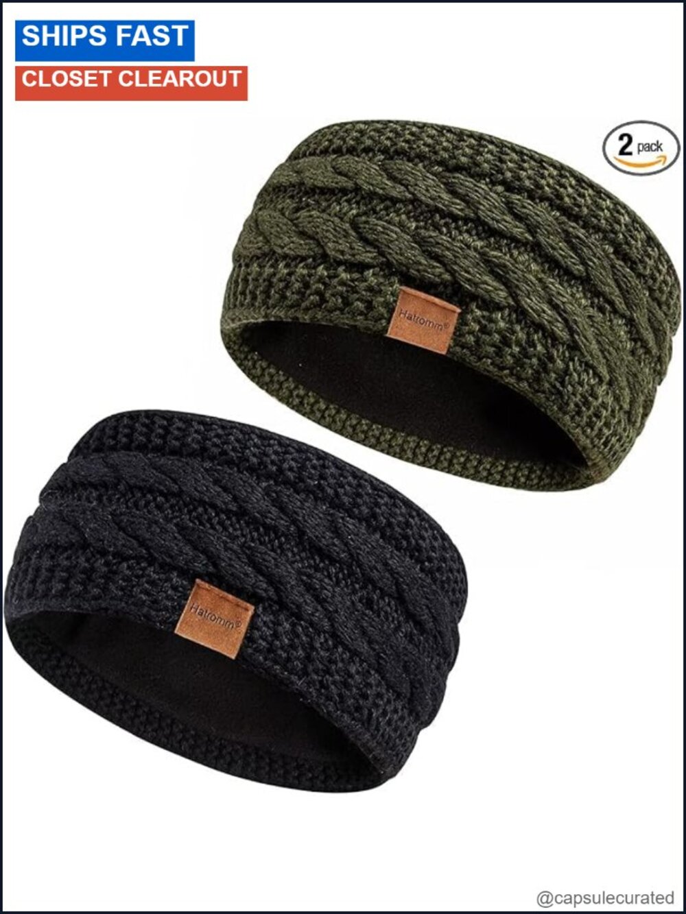 Wool Fleece Lined Winter Headbands Ear Warmers 2 Pack
